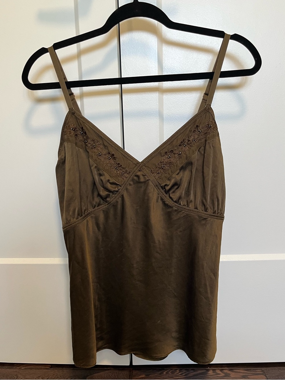 Vintage embroidered beaded V-Neck Satin Cami in Olive